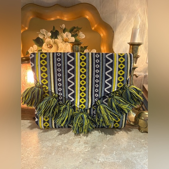Mud Pie Handbags - Mud Pie Envelope Clutch Purse, Navy/White/Yellow, Tassel Fringe Trimmed, Woven